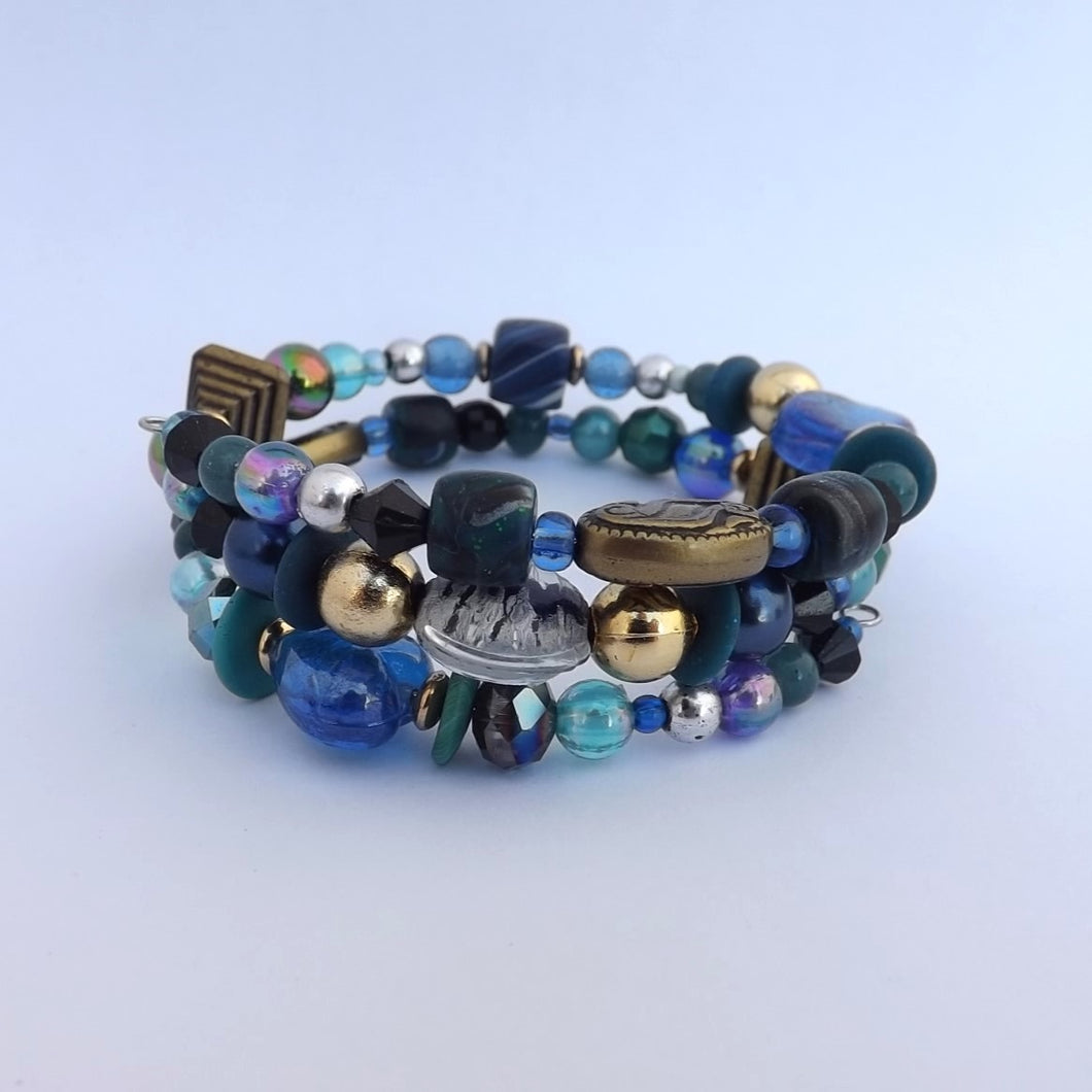 Dark Blue, Teal & Bronze Handmade Memory Wire Bead Bracelet