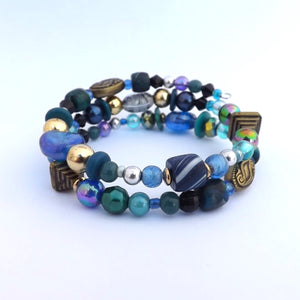 Dark Blue, Teal & Bronze Handmade Memory Wire Bead Bracelet