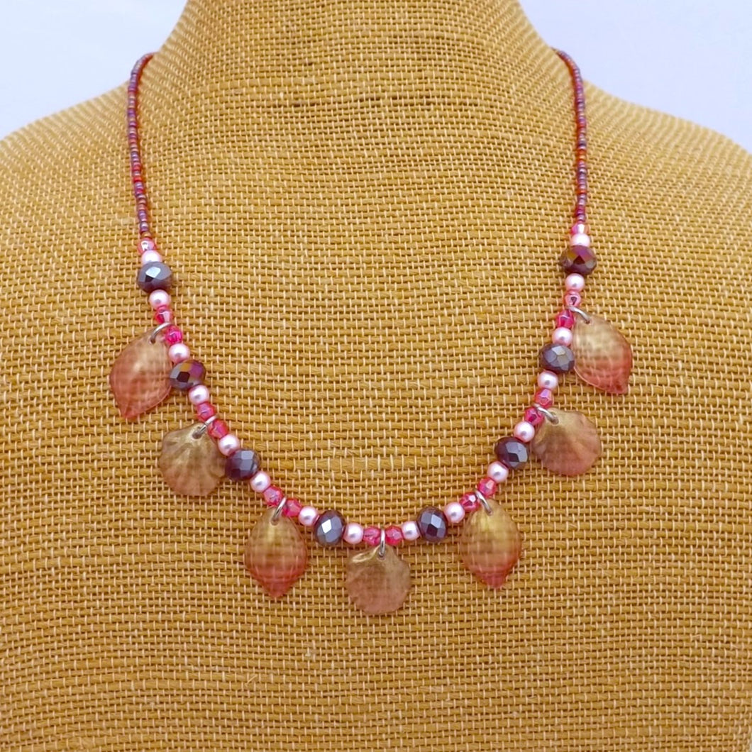 Dark Pink Bead & Shell Drop Handmade Necklace