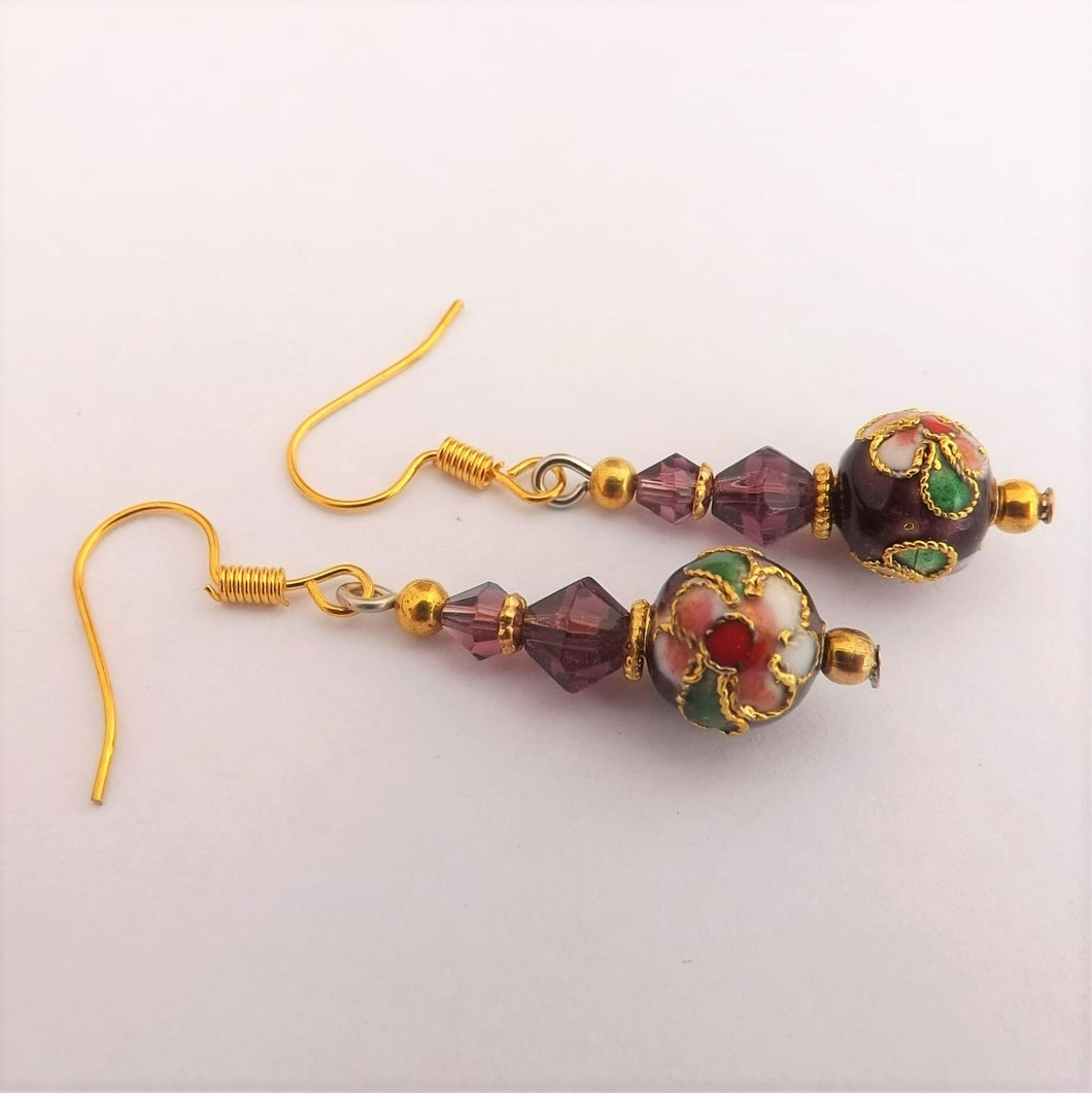 Dark Purple & Gold Tone Cloisonné Handmade Bead Earrings