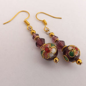 Dark Purple & Gold Tone Cloisonné Handmade Bead Earrings