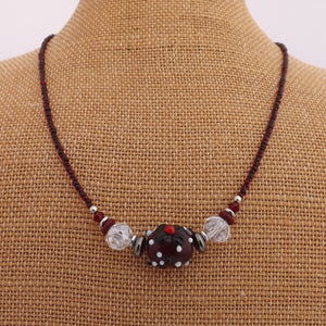 Dark Red, Black & White Lamp work & Seed Bead Handmade Necklace