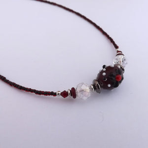 Dark Red, Black & White Lamp work & Seed Bead Handmade Necklace