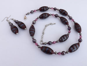 Dark Red & Purple Glitter Lamp Work Bead Handmade Necklace & Earrings Set