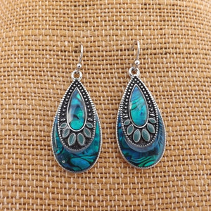 Dark Blue Paua & Silver Tone Teardrop Earrings