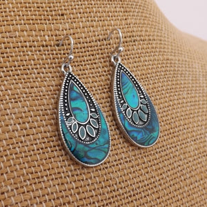 Dark Blue Paua & Silver Tone Teardrop Earrings