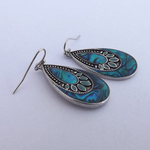 Dark Blue Paua & Silver Tone Teardrop Earrings