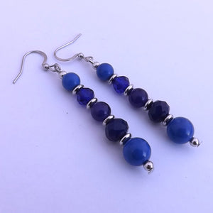 Dark Blue & Silver  Tone Handmade Bead Earrings
