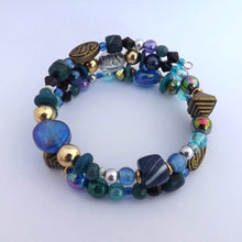 Load image into Gallery viewer, Dark Blue, Teal &amp; Bronze Handmade Memory Wire Bead Bracelet
