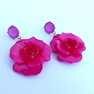 Dark Pink Floral Acrylic 3D Flower Drop Stud Earrings
