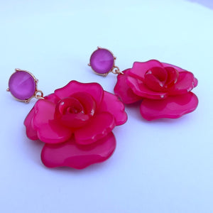 Dark Pink Floral Acrylic 3D Flower Drop Stud Earrings