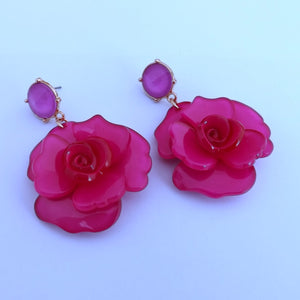 Dark Pink Floral Acrylic 3D Flower Drop Stud Earrings