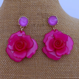 Dark Pink Floral Acrylic 3D Flower Drop Stud Earrings
