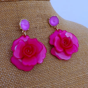 Dark Pink Floral Acrylic 3D Flower Drop Stud Earrings