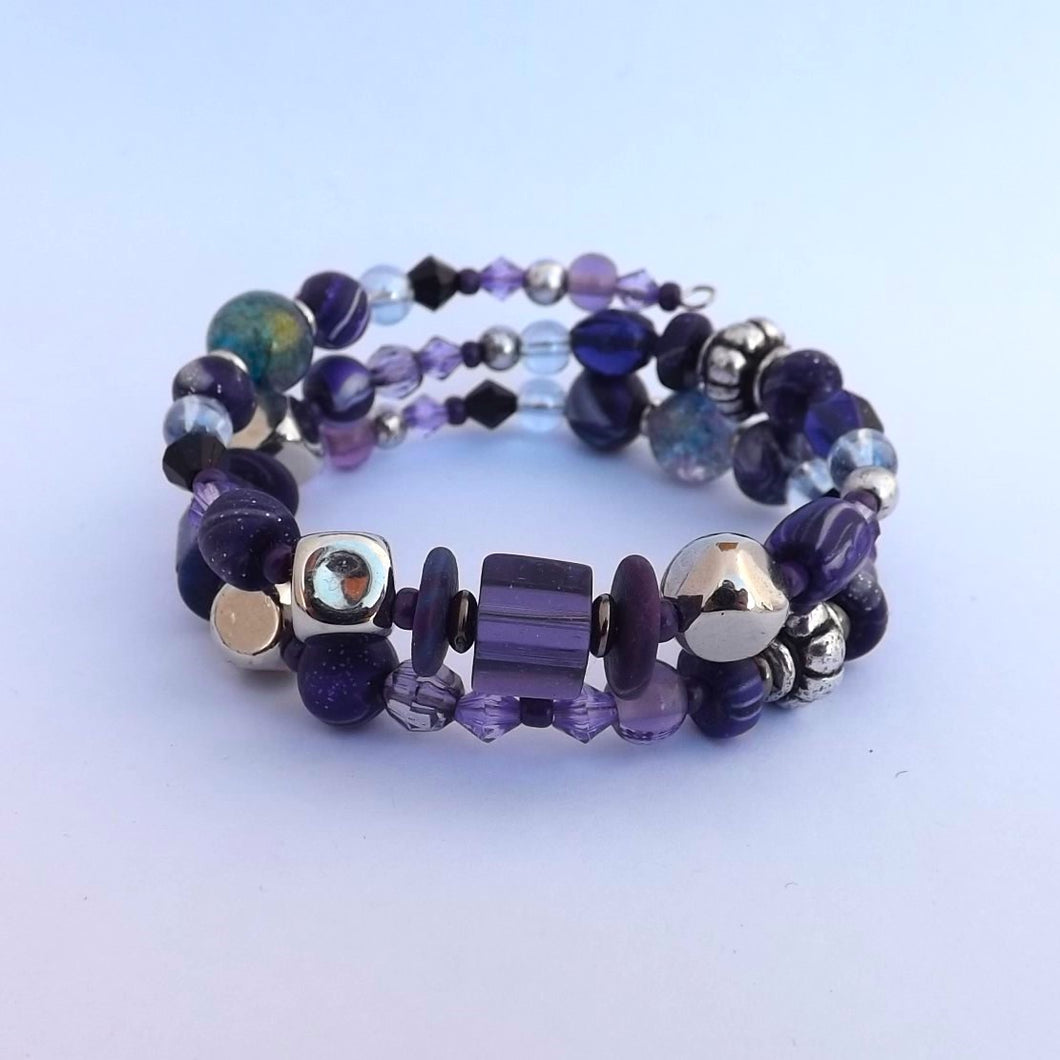 Dark Purple & Silver Handmade Memory Wire Bead Bracelet
