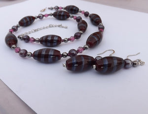 Dark Red & Purple Glitter Lamp Work Bead Handmade Necklace & Earrings Set