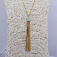 Load image into Gallery viewer, Faux Diamonds &amp; Gold Tone Chain Tassel Pendant on Long Chain
