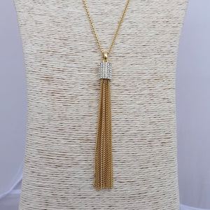 Faux Diamonds & Gold Tone Chain Tassel Pendant on Long Chain