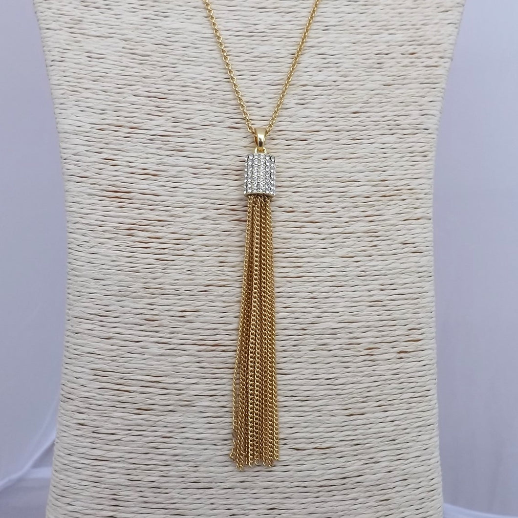 Faux Diamonds & Gold Tone Chain Tassel Pendant on Long Chain