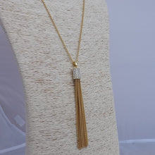 Load image into Gallery viewer, Faux Diamonds &amp; Gold Tone Chain Tassel Pendant on Long Chain
