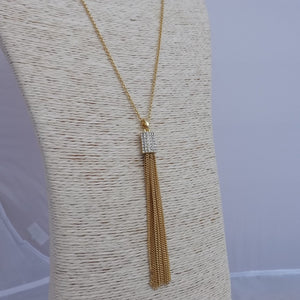 Faux Diamonds & Gold Tone Chain Tassel Pendant on Long Chain