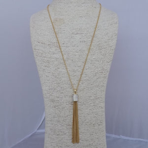 Faux Diamonds & Gold Tone Chain Tassel Pendant on Long Chain