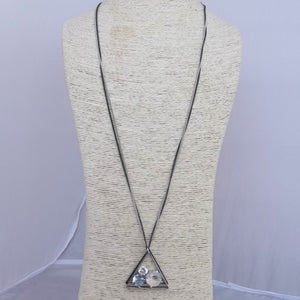 Faux Diamonds in Triangle, Long Chain Pendant Necklace