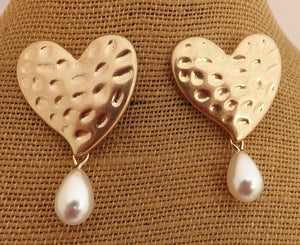 Faux Pearl & Gold Tone Heart Earrings