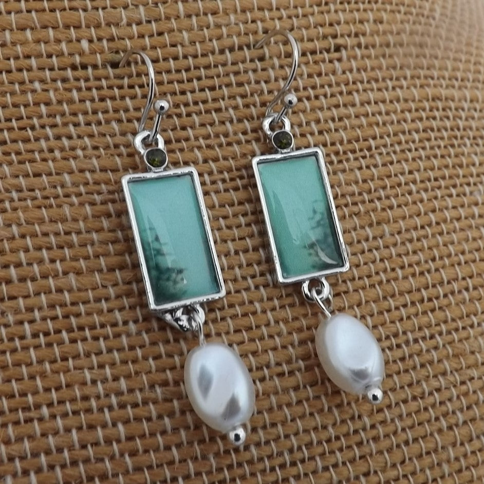 Faux Pearl, Grey & Silver Tone Earrings