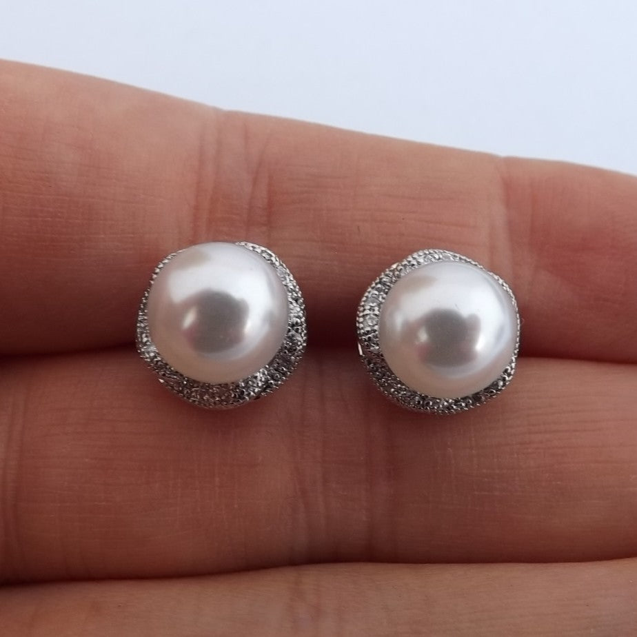 Faux Pearl & Diamonds, Silver Tone Stud Earrings