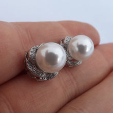 Load image into Gallery viewer, Faux Pearl &amp; Diamonds, Silver Tone Stud Earrings
