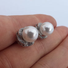 Load image into Gallery viewer, Faux Pearl &amp; Diamonds, Silver Tone Stud Earrings
