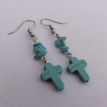 Load image into Gallery viewer, Faux Turquoise Handmade Gem Chip &amp; Cross Drop Earrings
