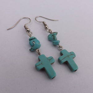 Faux Turquoise Handmade Gem Chip & Cross Drop Earrings