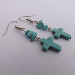 Faux Turquoise Handmade Gem Chip & Cross Drop Earrings