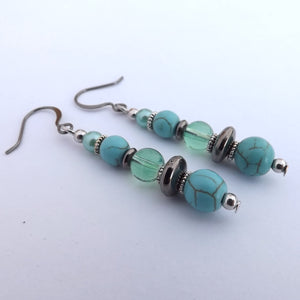 Faux Turquoise, Grey & Silver Handmade Bead Earrings