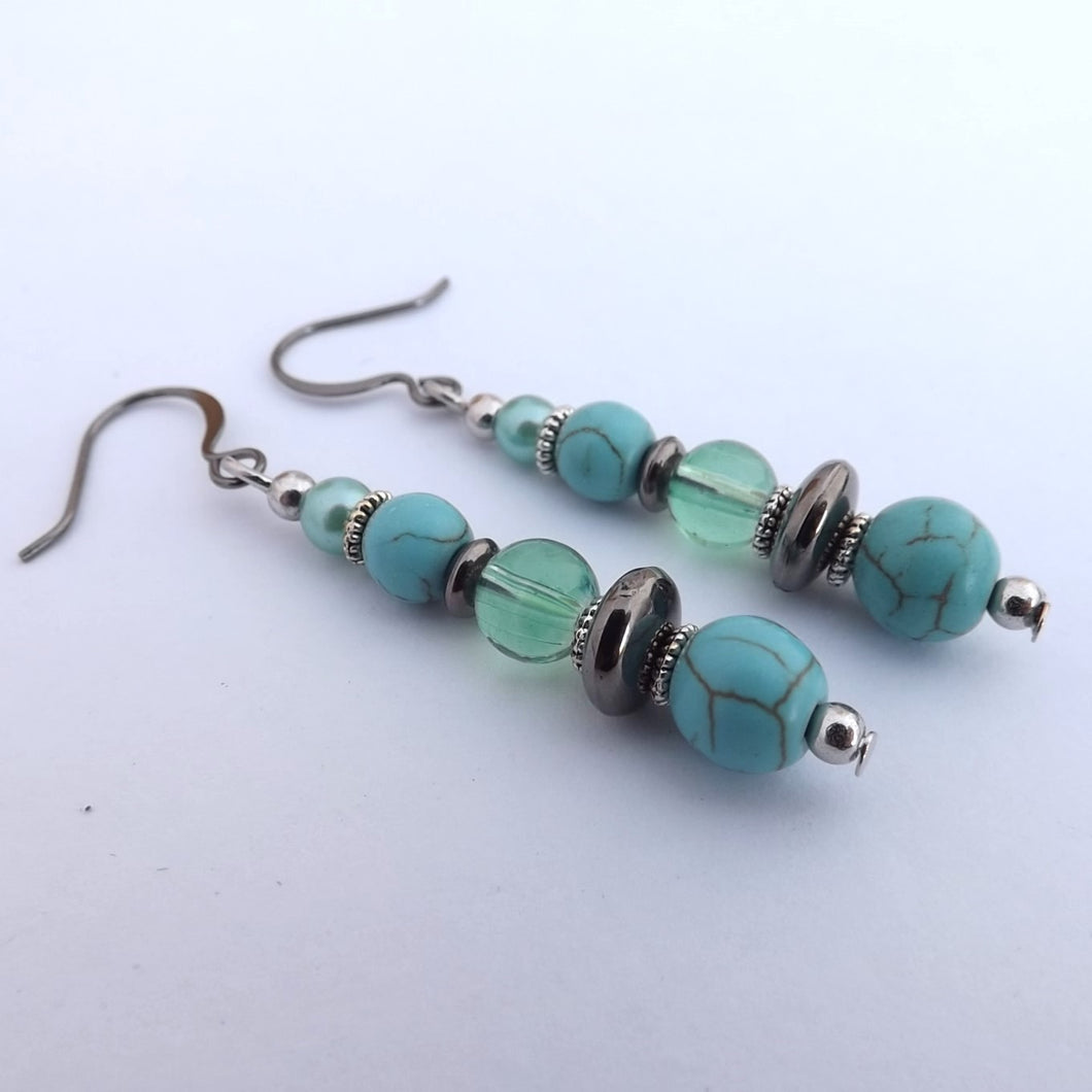 Faux Turquoise, Grey & Silver Handmade Bead Earrings