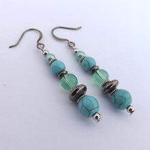 Load image into Gallery viewer, Faux Turquoise, Grey &amp; Silver Handmade Bead Earrings
