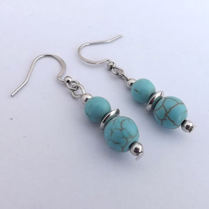 Faux Turquoise & Silver Tone Handmade Bead Earrings