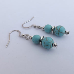 Faux Turquoise & Silver Tone Handmade Bead Earrings
