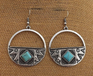 Faux Turquoise & Silver Tone Round Drop Earrings