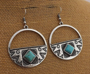 Faux Turquoise & Silver Tone Round Drop Earrings