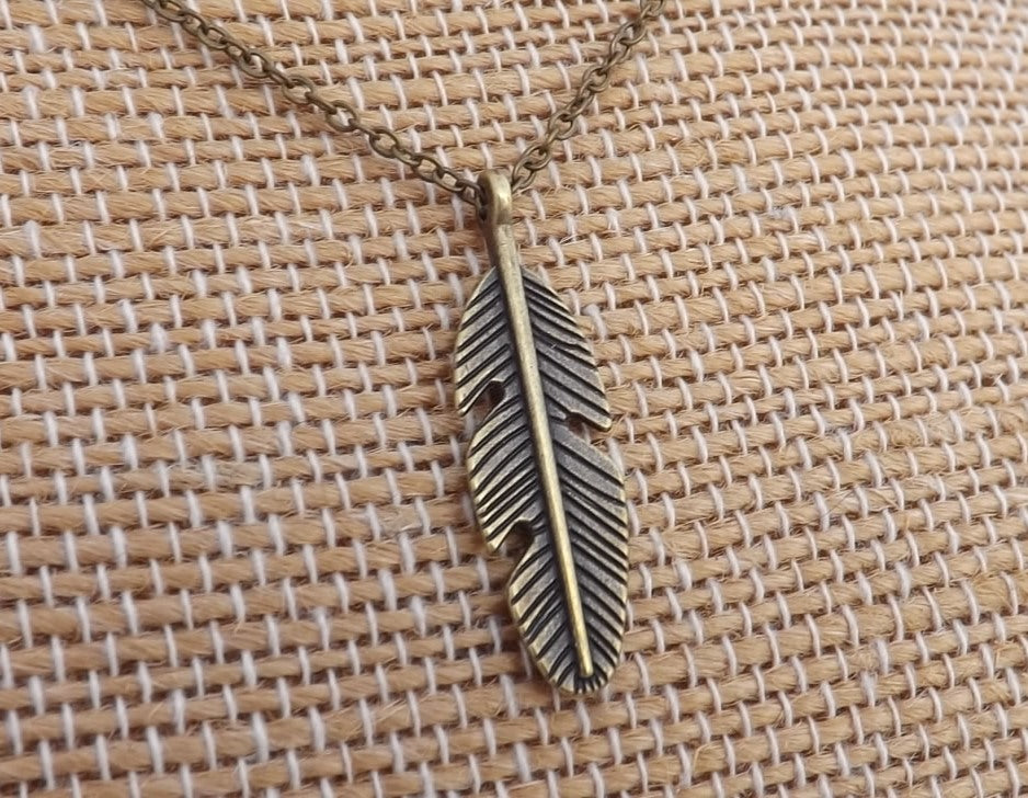 Feather Bronze Tone Pendant Necklace