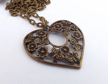 Load image into Gallery viewer, Floral Filigree Heart Bronze Tone Pendant Necklace
