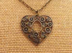 Floral Filigree Heart Bronze Tone Pendant Necklace