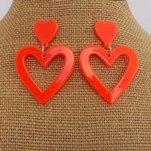 Load image into Gallery viewer, Fluorescent Pink Acrylic Heart Drop Earrings on Stud Setting
