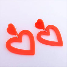 Load image into Gallery viewer, Fluorescent Pink Acrylic Heart Drop Earrings on Stud Setting
