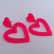 Load image into Gallery viewer, Fluorescent Pink Acrylic Heart Drop Earrings on Stud Setting
