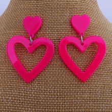 Load image into Gallery viewer, Fluorescent Pink Acrylic Heart Drop Earrings on Stud Setting
