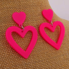 Load image into Gallery viewer, Fluorescent Pink Acrylic Heart Drop Earrings on Stud Setting
